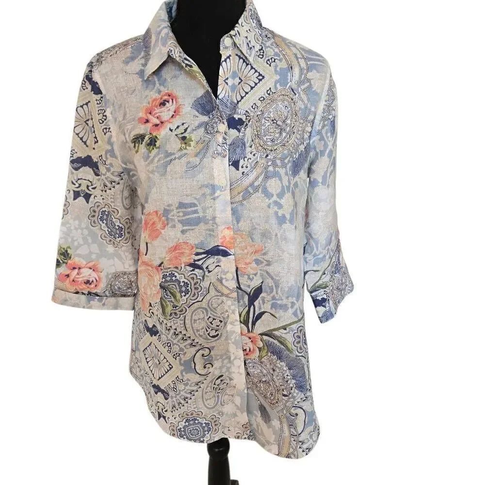 Chico's Womens No Iron 3/4 Sleeve Mixed Print Linen Blouse Multicolor Sz 0/Small
